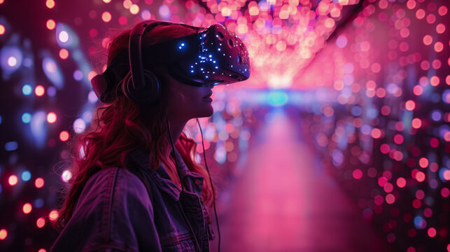 A woman wearing a VR headset walks through a brightly lit, futuristic space, suggesting a virtual reality event or gathering.