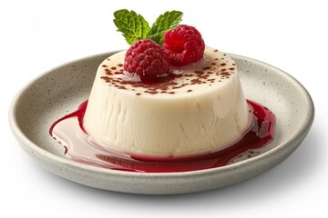 Delicious panna cotta dessert topped with fresh raspberries and mint, served on a ceramic plate with raspberry sauce, white background