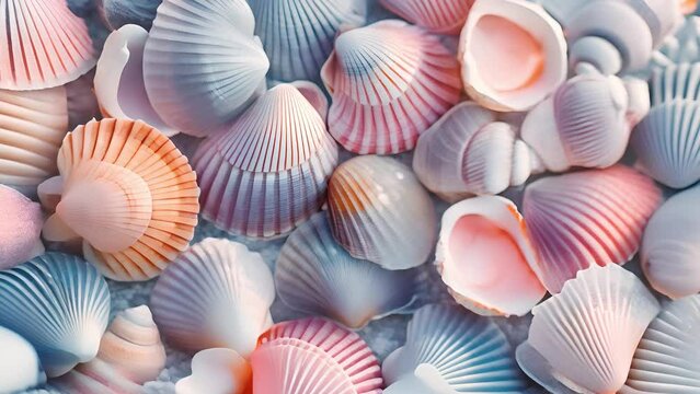 Various beautiful pastel coloured clamshell. Gorgeous pastel colors seashells at the beach. Background top view of shells	