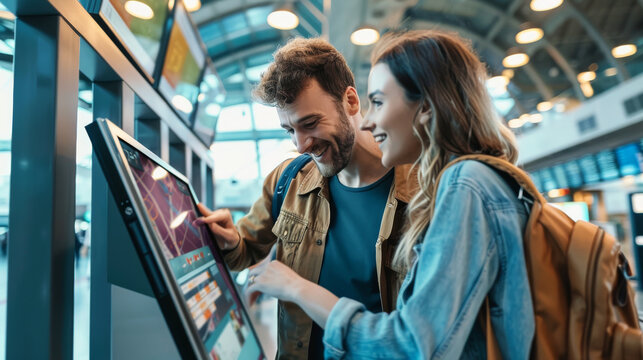 A happy young couple interacts enthusiastically with a digital kiosk in a modern, well-lit public space.