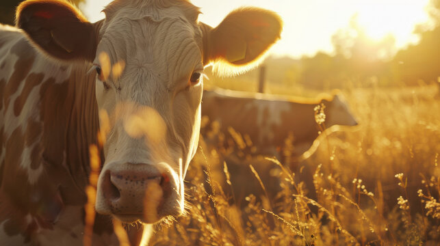 Two cows grazing in a sunlit meadow, with one cow looking directly at the camera, capturing the essence of rural life.
