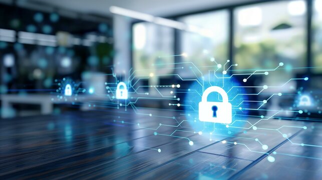 Cybersecurity Measures in a Modern Office with Digital Lock Icons