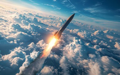A rocket is flying through the sky with a trail of smoke behind it. The sky is filled with clouds, giving the scene a sense of depth and atmosphere