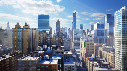 Obraz premium A vibrant daytime cityscape with towering skyscrapers under a blue sky, capturing the hustle and bustle of urban life.