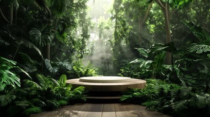 Podium background product green nature 3D forest stand white plant. Cosmetic background product podium display wood jungle