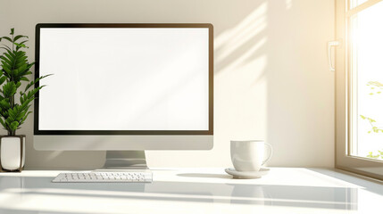 A bright and airy workspace featuring a computer monitor and plants, with sunlight streaming through a window, creating a fresh and inviting atmosphere.