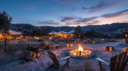 Large communal evening bonfire surrounded by modern western mountain tents. Camping among the mountains in Western America