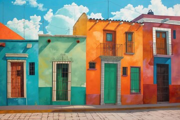 Fototapeta premium A picturesque view of brightly colored houses in a Mexican village.