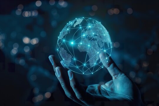 A hand holds a glowing digital globe, representing the global reach of patent procurement outsourcing.