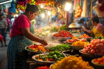 Obraz premium A woman carefully prepares food at a bustling Mexican market, showcasing the importance of food in Mexican culture.
