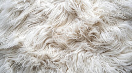 Texture of white fluffy wool for designers close up of natural fur background with light long animal fur