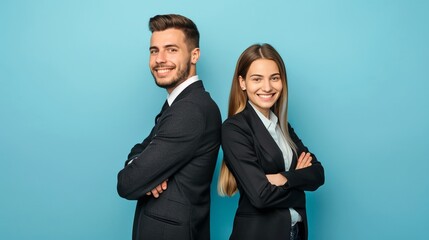 Young professional man and woman in formal business attire standing back-to-back against a light blue background. They are smiling confidently. Business partnership and teamwork concept. AI