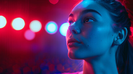 A young woman gazes thoughtfully into colorful neon lights, her face illuminated by a blend of vibrant blue and red hues.