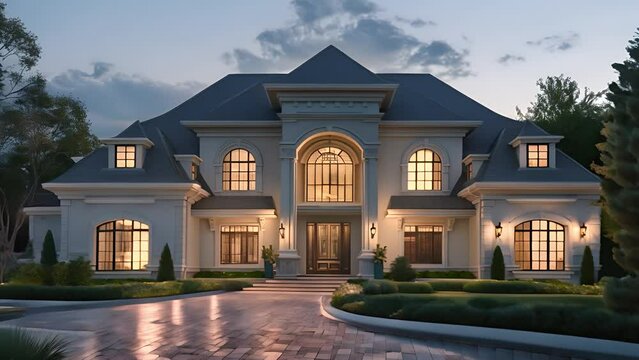 A front view of an ordinary house with an overall warm atmosphere, Extraordinary luxury house	