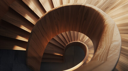 Fototapeta premium An elegant spiral wooden staircase descends gracefully, illuminated by soft, natural light, highlighting its smooth, curved lines and craftsmanship.