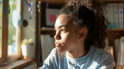 A young woman with curly hair gazes thoughtfully out of a sunlit window, her face illuminated by natural light, creating a serene and reflective atmosphere.