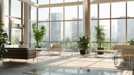 A bright and airy office space with large windows, minimalistic furniture, and indoor plants, offering a panoramic city view.