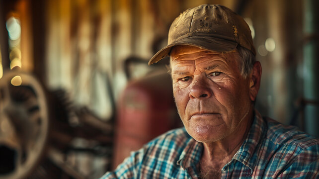 Close up of old American farmer wearing a worn baseball cap sitting in front of his farming heavy machinery while looking at the camera.