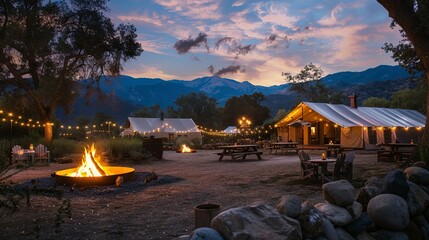 Large communal evening bonfire surrounded by modern western mountain tents. Camping among the mountains in Western America