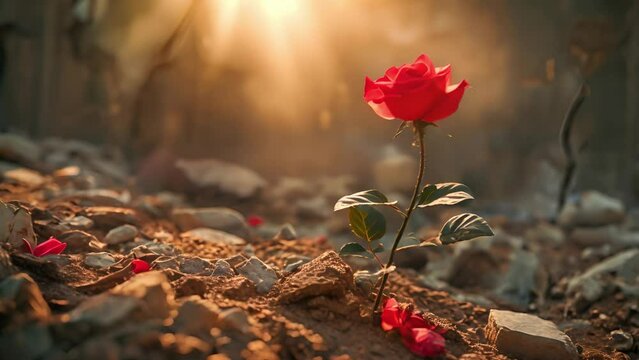 New red rose flower growing in a war zone or ruins