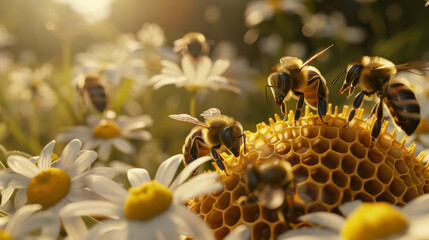 Multiple bees gather and work around a honeycomb among daisies, illustrating the collaborative and industrious nature of these vital insects.