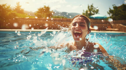 A candid moment of a woman joyously splashing water in a sunny swimming pool, capturing her carefree laughter and the sparkle of droplets.