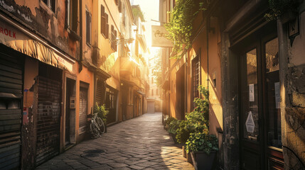 Fototapeta premium A quaint, narrow street bathed in warm sunlight, showcasing rustic buildings with balconies and lush plants lining the way. A bicycle is parked near the wall.