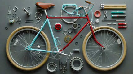 Two-tone bicycle with parts laid out around it, highlighting the intricate assembly against a clean background, emphasizing simplicity and precision.