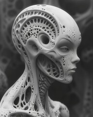 Monochrome robotic skull with details.
