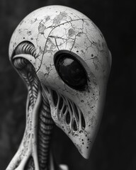 Monochrome robotic skull with details.
