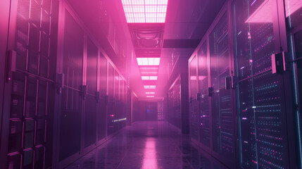 Fototapeta premium A futuristic data center corridor illuminated with vibrant pink and blue neon lights, creating a visually striking and high-tech environment.