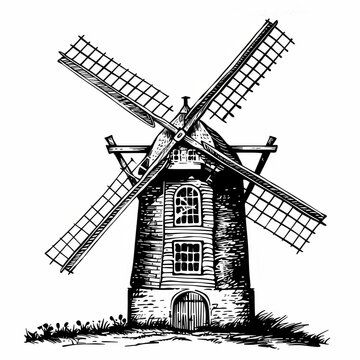 Line art drawing of traditional windmill over white background.