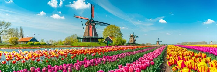 Beautiful colorful tulip field and traditional windmill in country side.