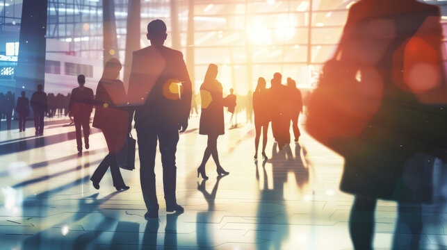 Backlit silhouettes of busy professionals in a luminous, modern office environment, evoking a sense of productivity, collaboration, and forward-thinking work culture.