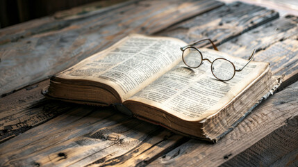 An open book with weathered pages and a pair of reading glasses resting on a rustic wooden table.