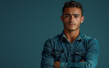 Obraz premium A man in a blue denim shirt is standing with his arms crossed. He has a serious expression on his face