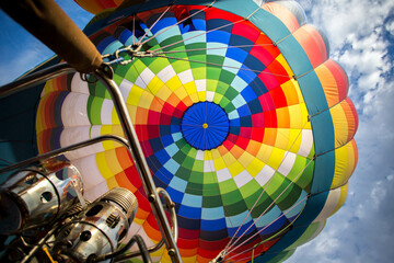 Looking up into a hot air balloon from a basket perspective