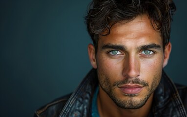 Obraz premium A man with a beard and green eyes is wearing a leather jacket. He has a serious expression on his face