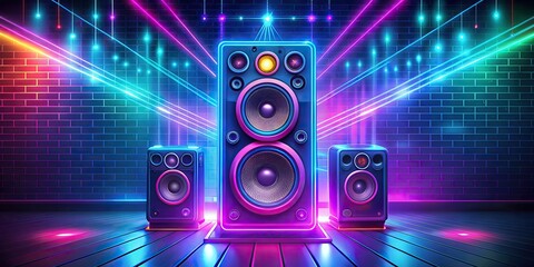 colorful illustration of large speakers with neon lights radiating various directions lively music dance setting