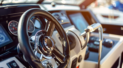 A sleek modern boat dashboard featuring a shiny steering wheel, multiple gauges, and navigational instruments, capturing the essence of marine technology.