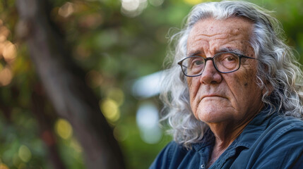 Portrait of an elderly man with flowing grey hair and glasses, set against a blurred, leafy background, evoking wisdom and introspection.