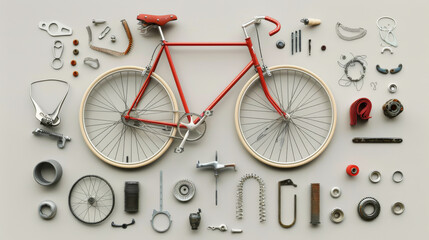 A meticulously organized red bicycle lies surrounded by its disassembled parts, showcasing detailed components against a minimalist background.