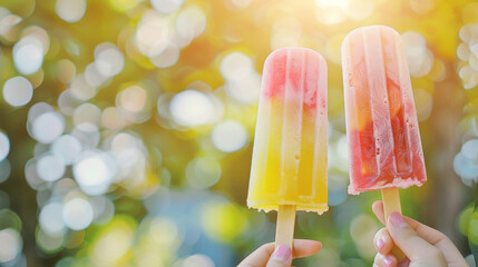 Two fruity popsicles are held up against a sunlit bokeh background, evoking a refreshing and playful summer feel.