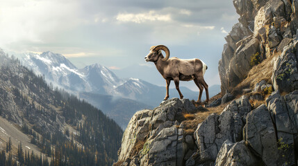 Naklejka premium Standing confidently on a mountain rock, a bighorn sheep gazes into the scenic expanse of the distant, layered mountains under a gently clouded sky.