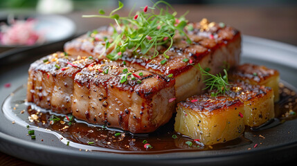 A close-up shot of a plated dish featuring a succulent piece of grilled pork belly, accompanied by crispy potato wedges and a flavorful glaze