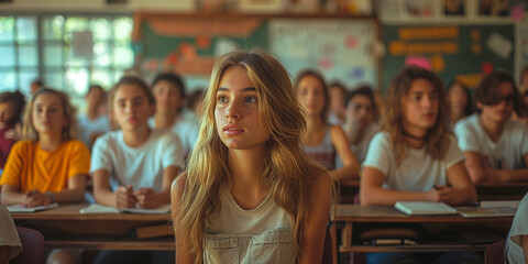 A young girl with long blonde hair sits in a classroom, lost in thought, as sunlight streams through the windows