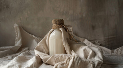 An elegantly wrapped bottle in burlap stands amid soft fabric folds, creating an atmosphere of rustic grace and minimalistic beauty.