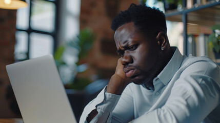 Obraz premium A man appears deeply engaged in his laptop screen, with a furrowed brow and hand on cheek, set in a modern, cozy office space.