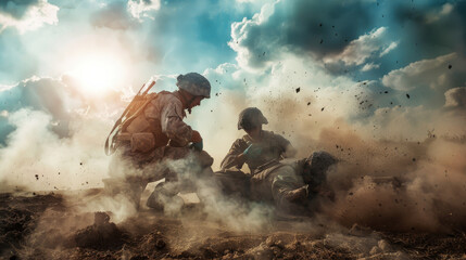 Fototapeta premium Soldiers in action amidst dust and debris during a dramatic battlefield scene, capturing tension, courage, and camaraderie.