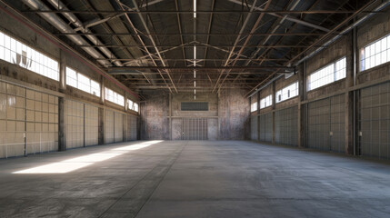 An empty industrial warehouse with exposed steel beams and large windows letting in natural light, highlighting the expansive, unused floor space.